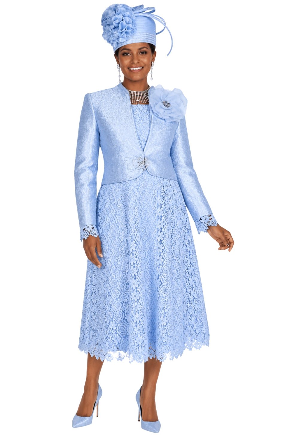 Lace A-Line Cocktail Dress with Matching Floral Brocade Bolero Jacket 6411