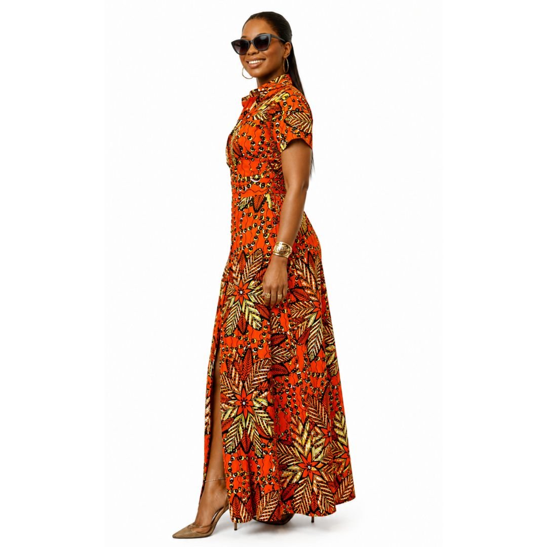 a line african print dress NANNY MAXI A-LINE SHIRT [ORANGE] style_western all black party dress Color:Off White-Nude 38 inches Shirtdress Unlined