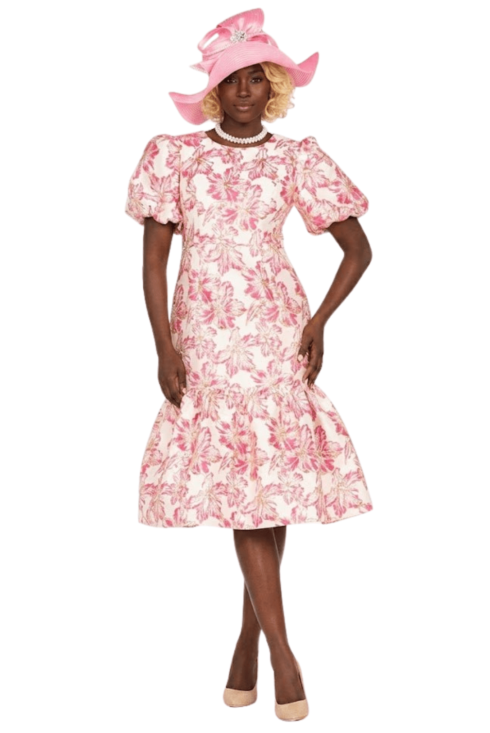 Floral Brocade Short Balloon Slv Mermaid Dress