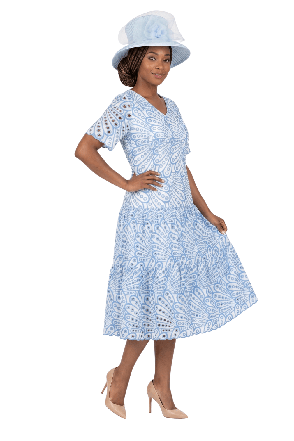 V-neck Cotton Blend A-line Tiered Eyelet Dress