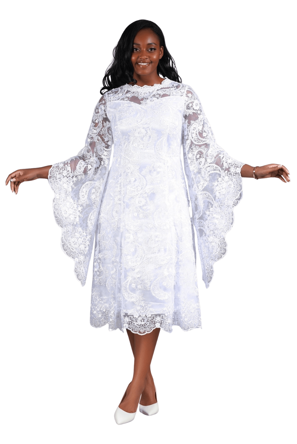 White Lace A-Line Dress with Draped Sheer Sleeves