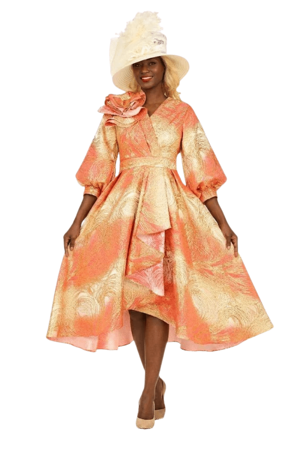 Hi-Lo A-Line Brocade Dress w/ Shoulder Flower