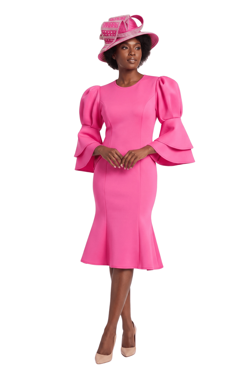 Puff Bell Slv Scuba Dress w/ Mermaid Sweep