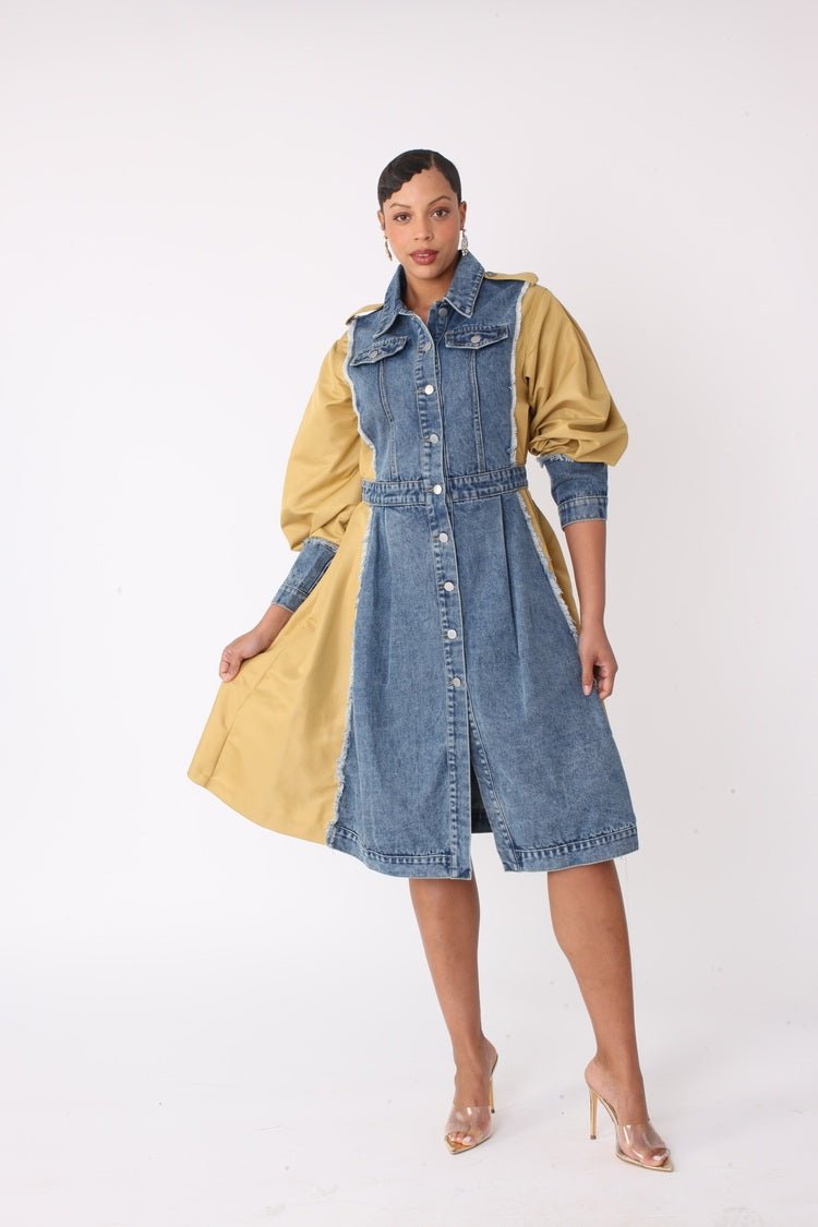 divided denim dress Two Tone for Chic Casual Style DENIM/KHAKI / S filter:Upholstery Type:Okume veneer Bryony Rosalia Dress in blending comfort with modern Color:Brown Crochet