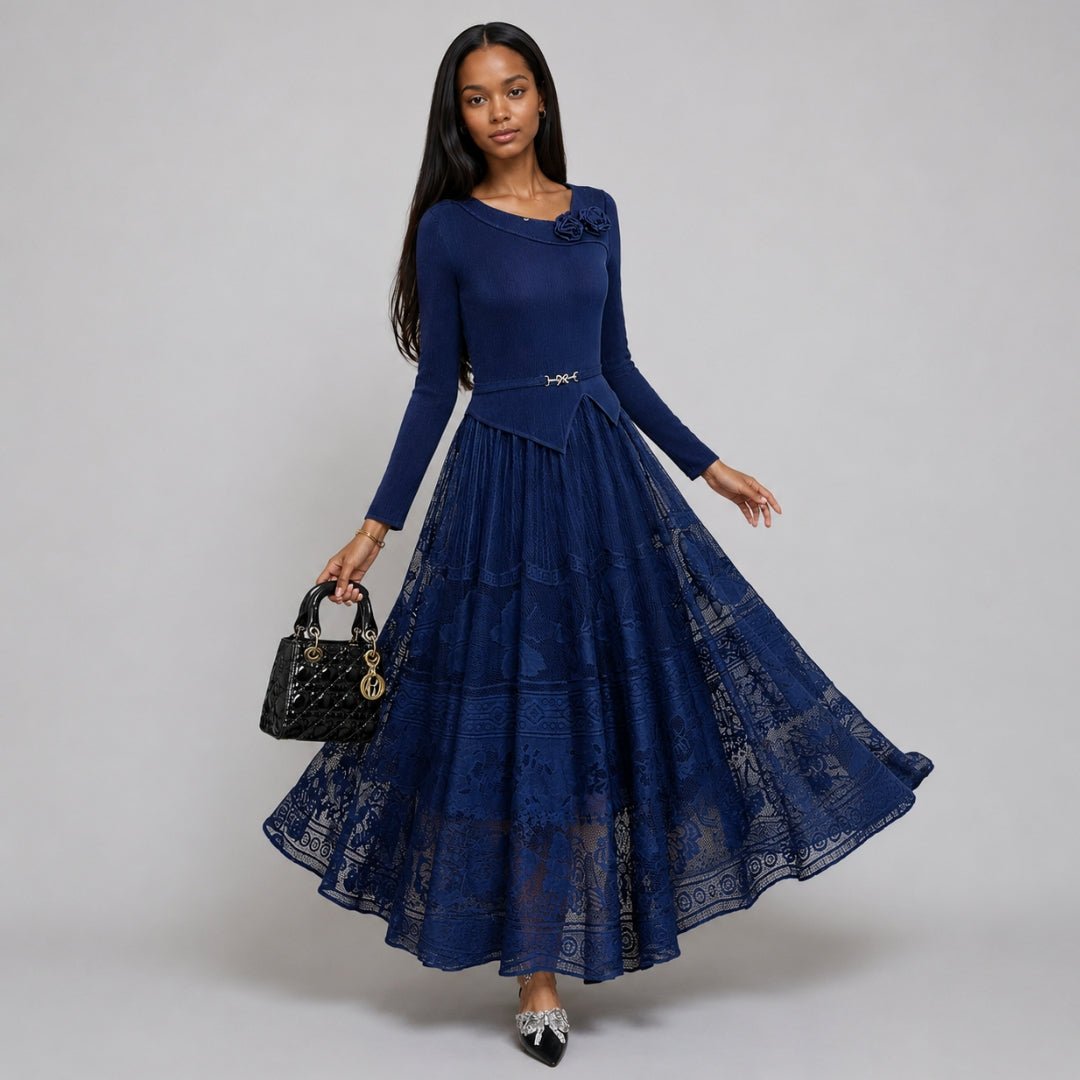Pleated Lace Midi Dress with Floral Detail