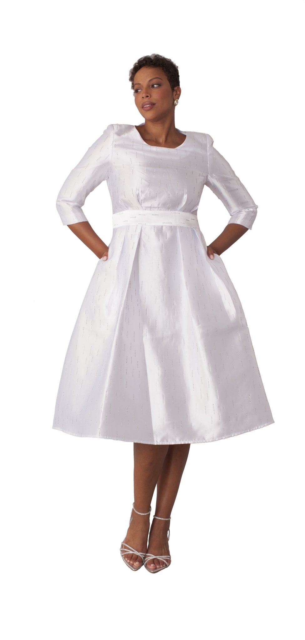 White Shimmer A-Line Tea Length Dress White / 18 White Shimmer A-Line Tea Length Dress White / 18