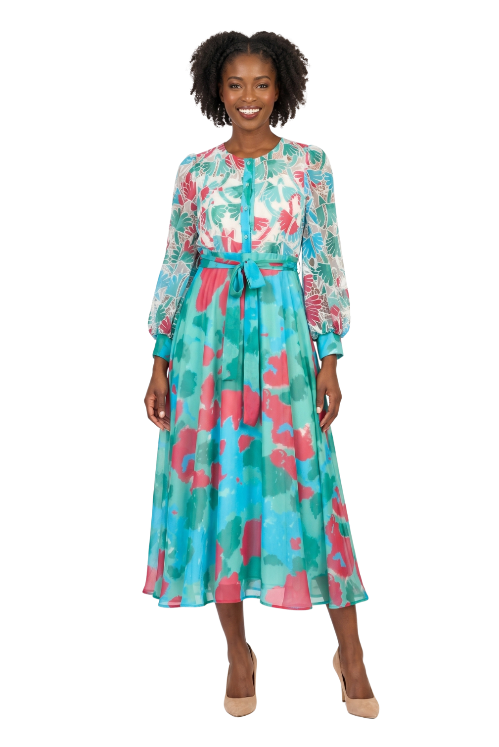 Embroidered Floral Chiffon Maxi Dress w/ Belt-Plus