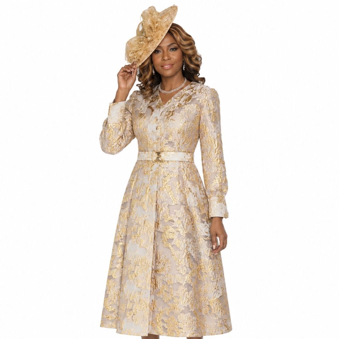 Royal Brocade Long-Sleeve Midi Dress with Matching Fascinator by Lily & Taylor