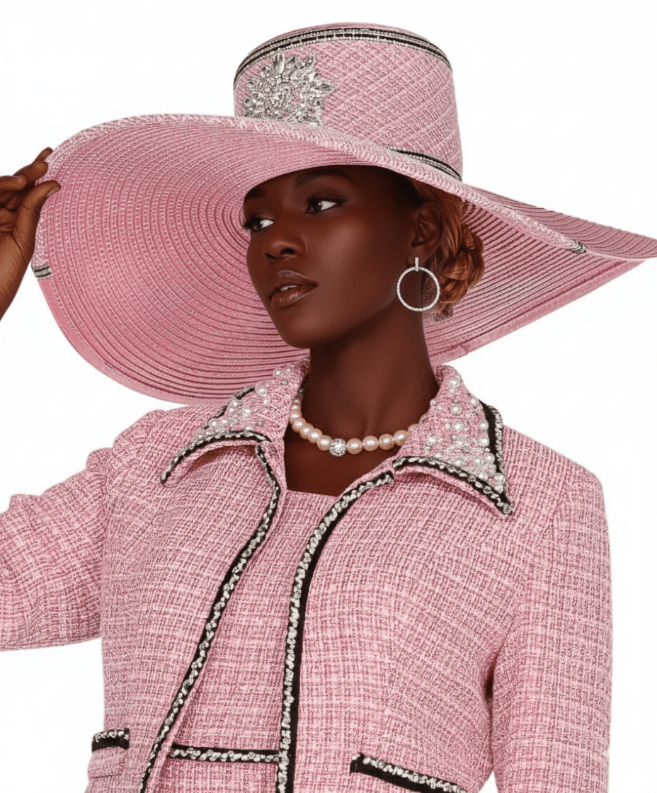 Elegant Wide Brim Pink Church Hat Embellished Designer Women's Special Occasion Headwear