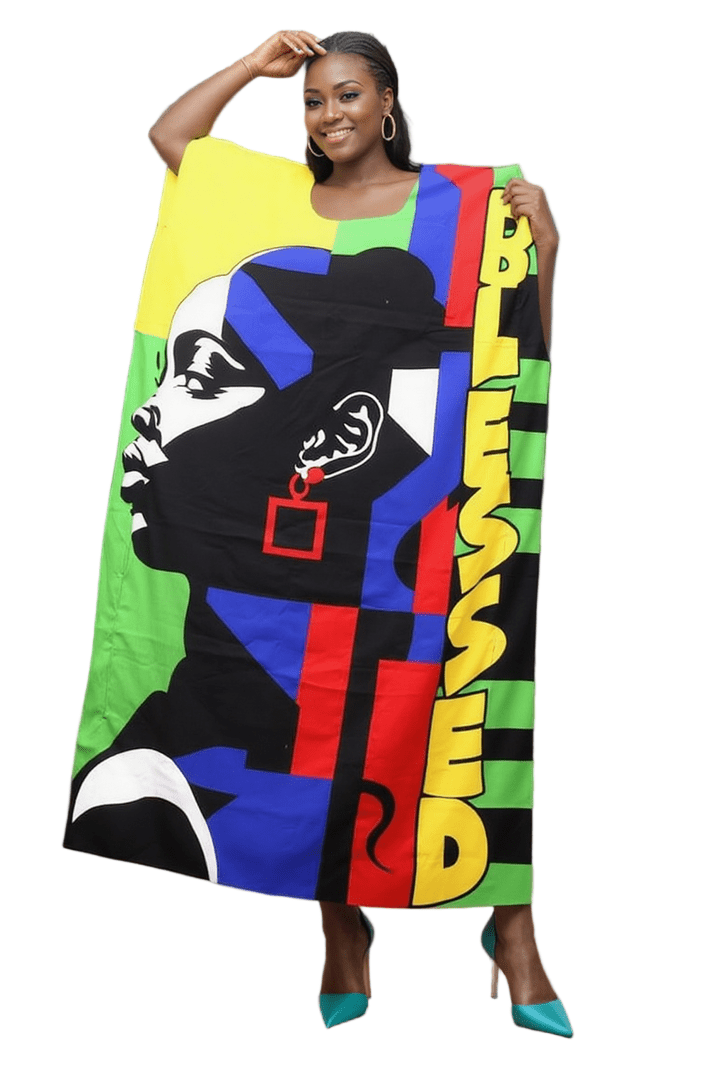 Women's Colorful Lady Face Print With Verbiage BLESSED Kaftan Dress