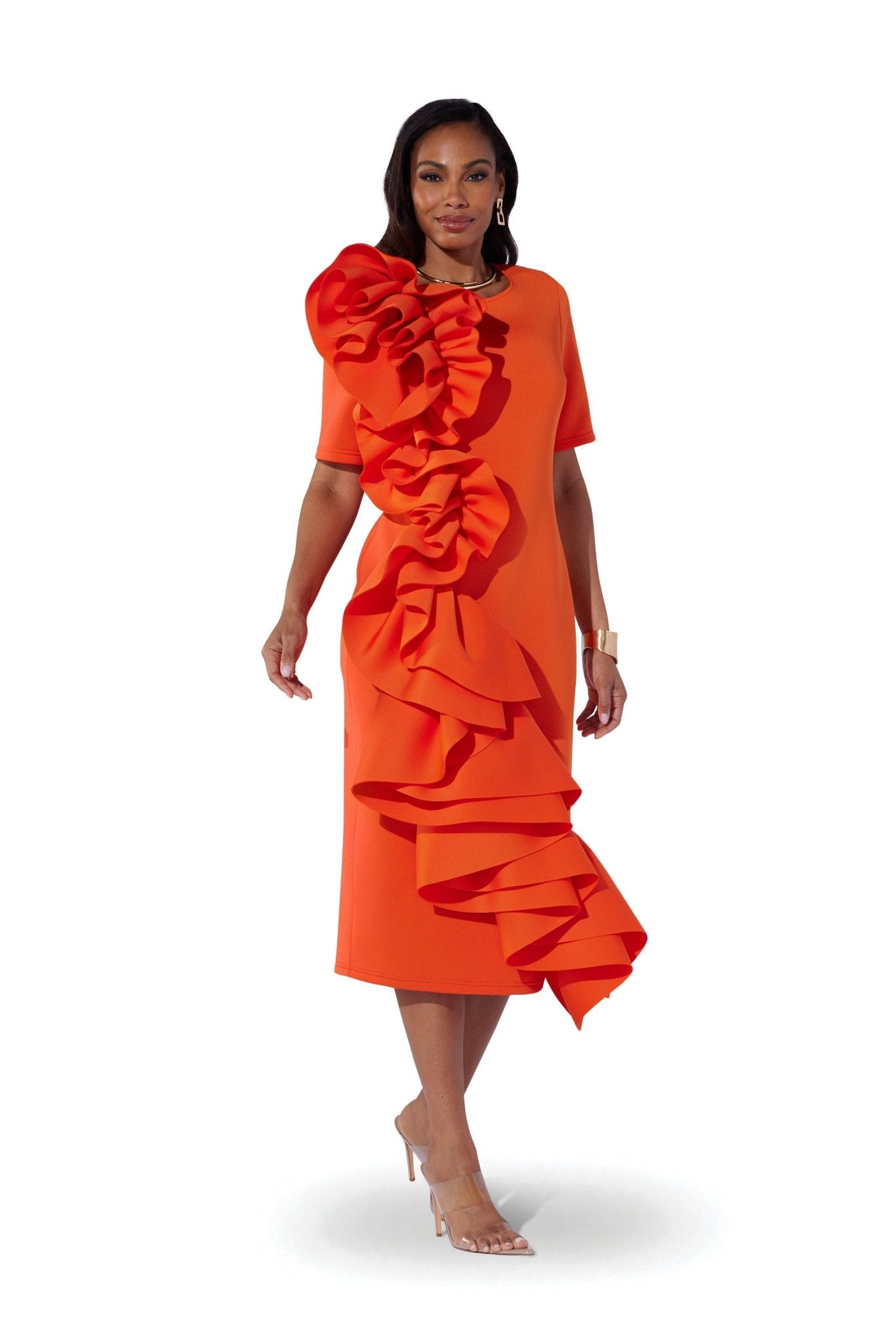 ruffles midi dress Cascading by EY Boutique Size/Age:66 (3-6M) Elegant Womens Plus Size Indigo and Moos Green Patent Leather