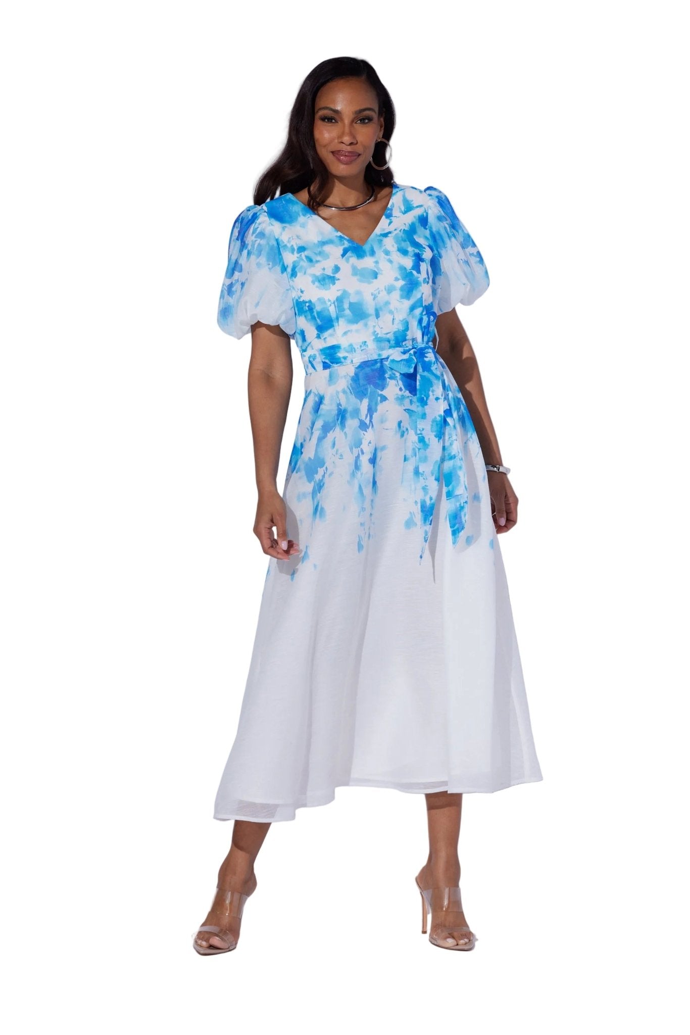 Watercolor Puff Sleeve Midi Dress by Studio EY