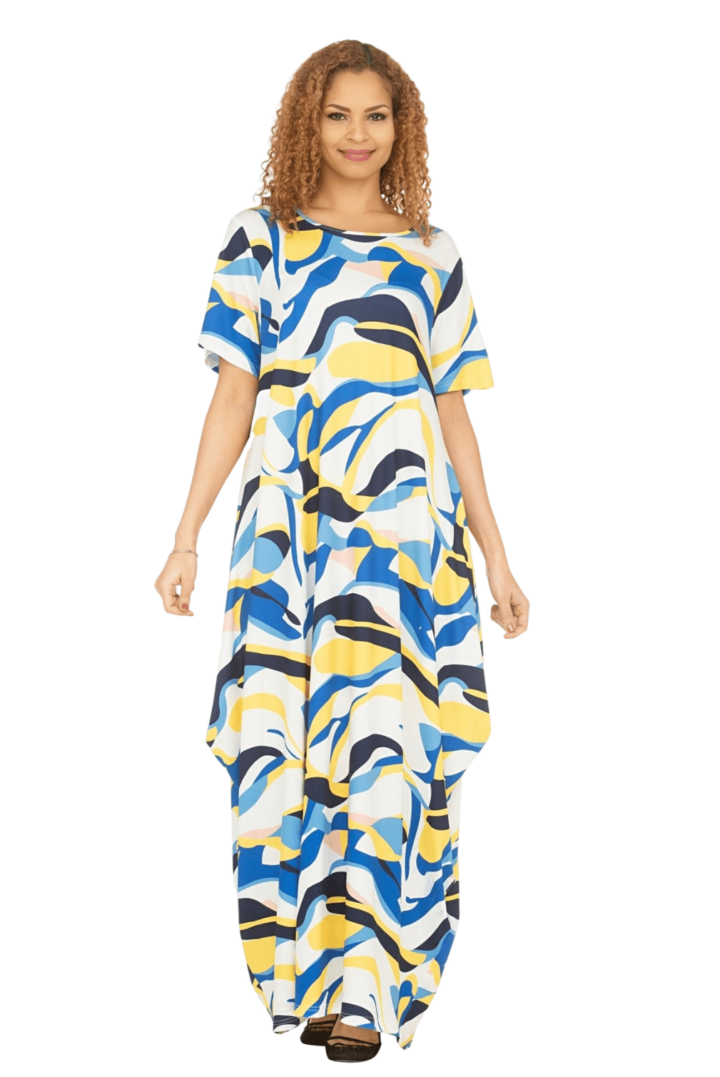 Short Slv Jersey Knit Abstract Print Maxi Dress