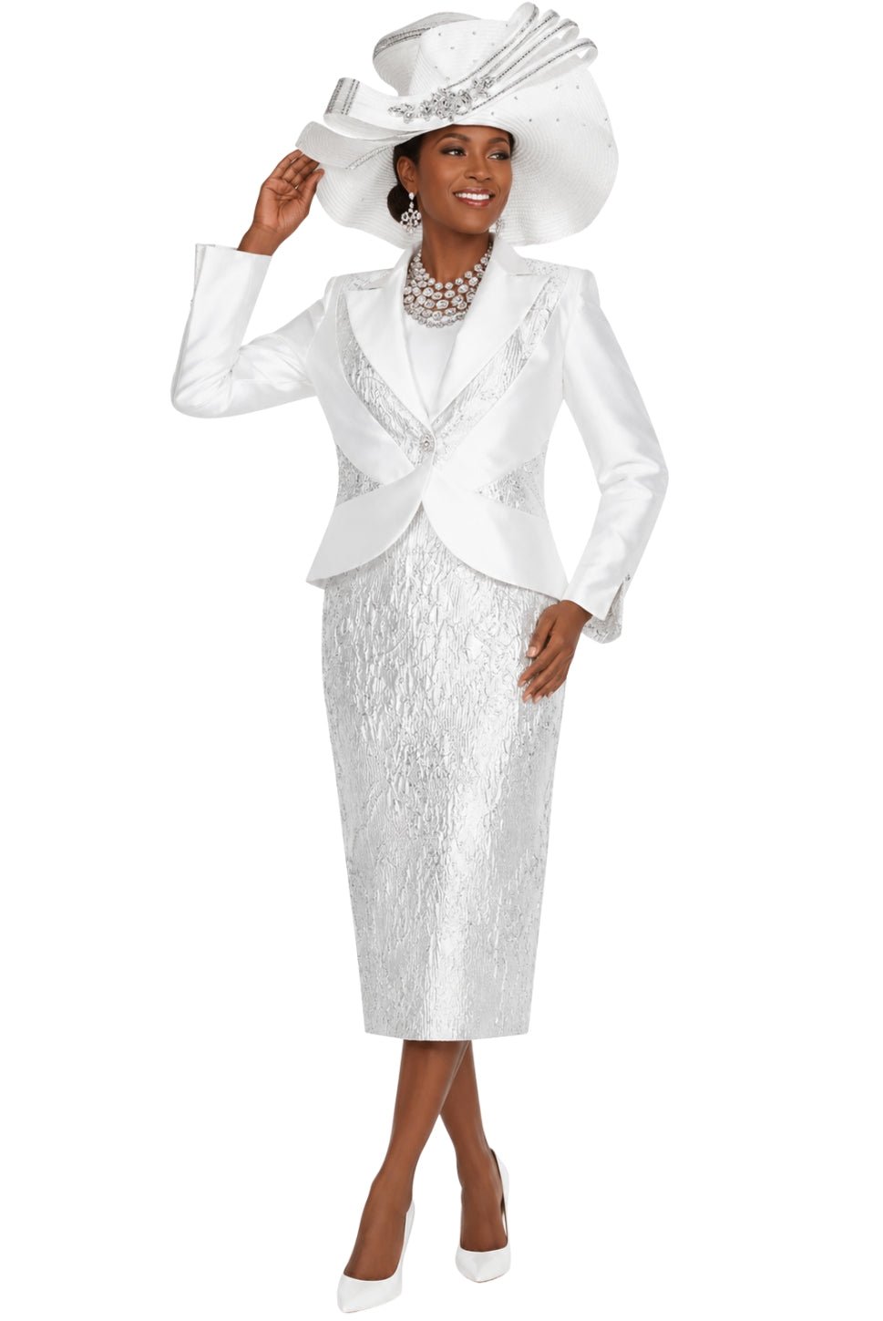 Elegant White Metallic Pattern Church Dress Suit with Rhinestone Jacket