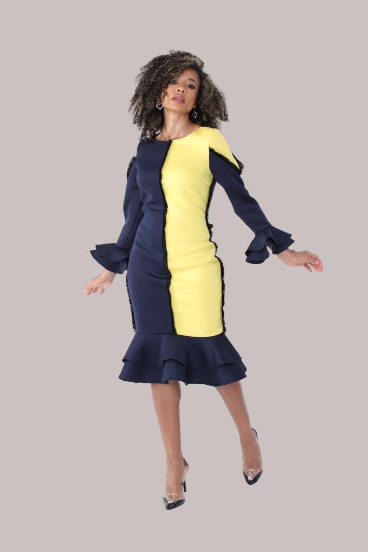 Colorblock Ruffle Midi Dress -82146 YELLOW/NAVY / S