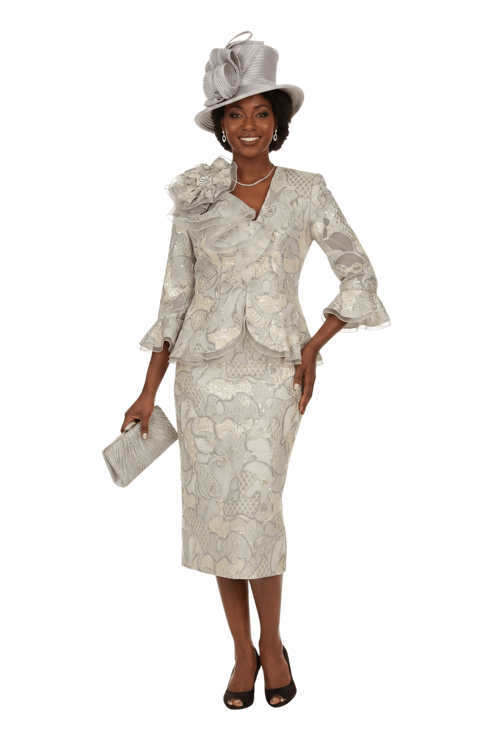 organza brocade dress styles Metallic 3pc Suit w/ Ruffle Jkt Size:2 (US) Lovely Impressions Mini Dress fitting with intricate woven halter-neck dress