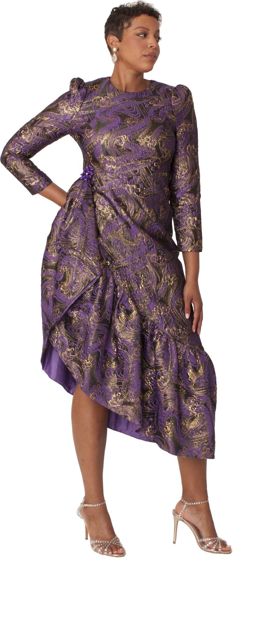 Elegant Purple and Gold High-Low Dress with Statement Details Purple/Gold / 12