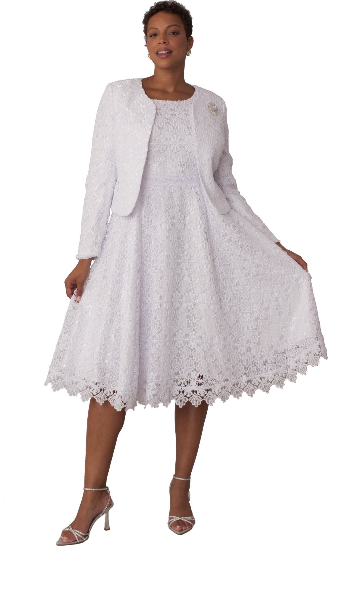 Elegant Two-Piece Lace Dress & Satin Jacket Set White / 14 Elegant Two-Piece Lace Dress & Satin Jacket Set White / 14