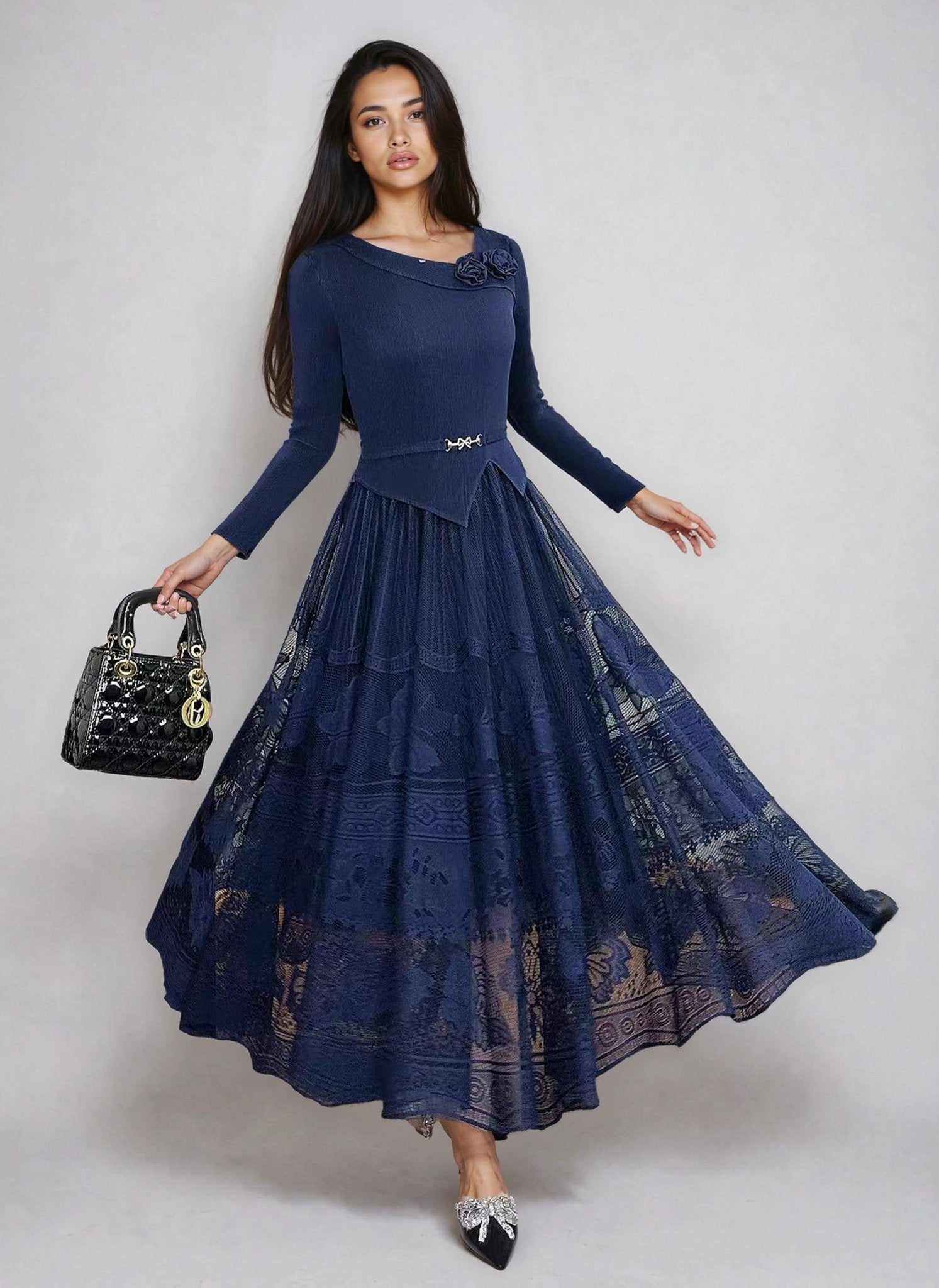 Pleated Lace Midi Dress with Floral Detail