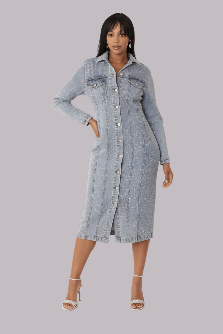 Rhinestone Denim Midi Dress Denim / 2X Rhinestone Denim Midi Dress Denim / 2X