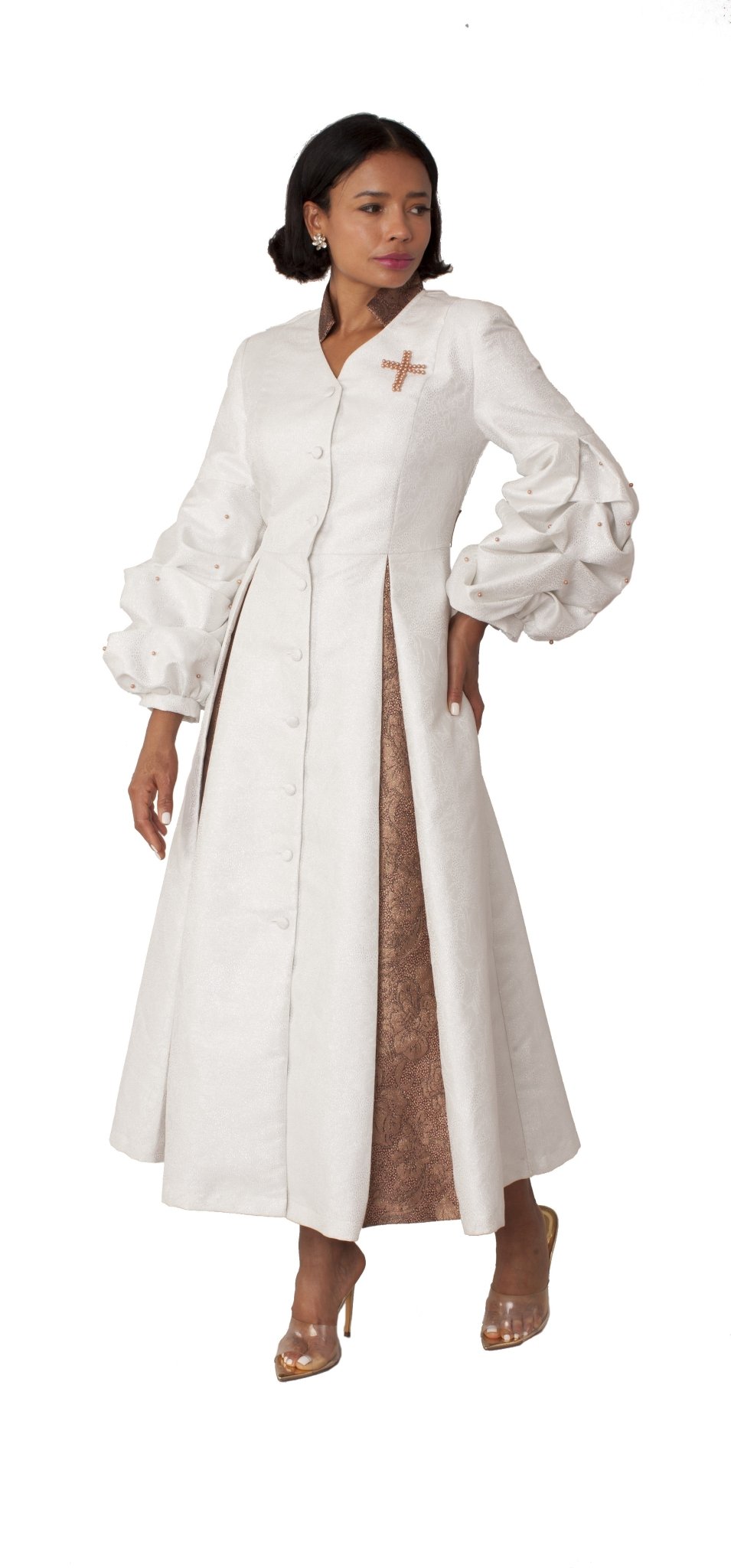 Plus Size Formal Church Coat Dress with Puff Sleeves and Pearl Cross White/Gold / 16W