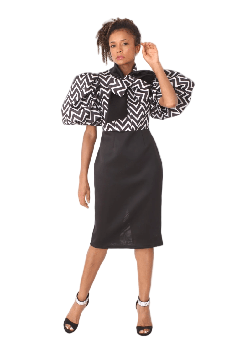 Puff Sleeve Zigzag Dress for Trendy Outfits BLACK/WHITE / S
