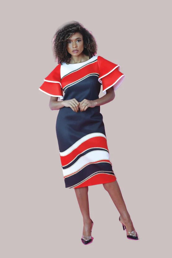 Stylish Ruffle Sleeve Midi Dress for Women RED/NAVY/WHT / M Stylish Ruffle Sleeve Midi Dress for Women RED/NAVY/WHT / M