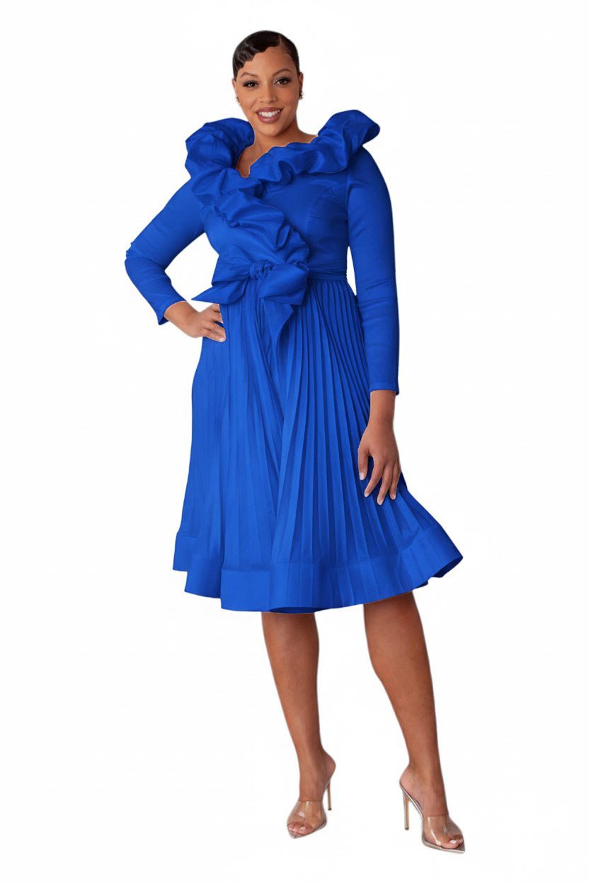 chinese dress ladies Elegant Ruffled Pleated Dress Royal/Blue / 18