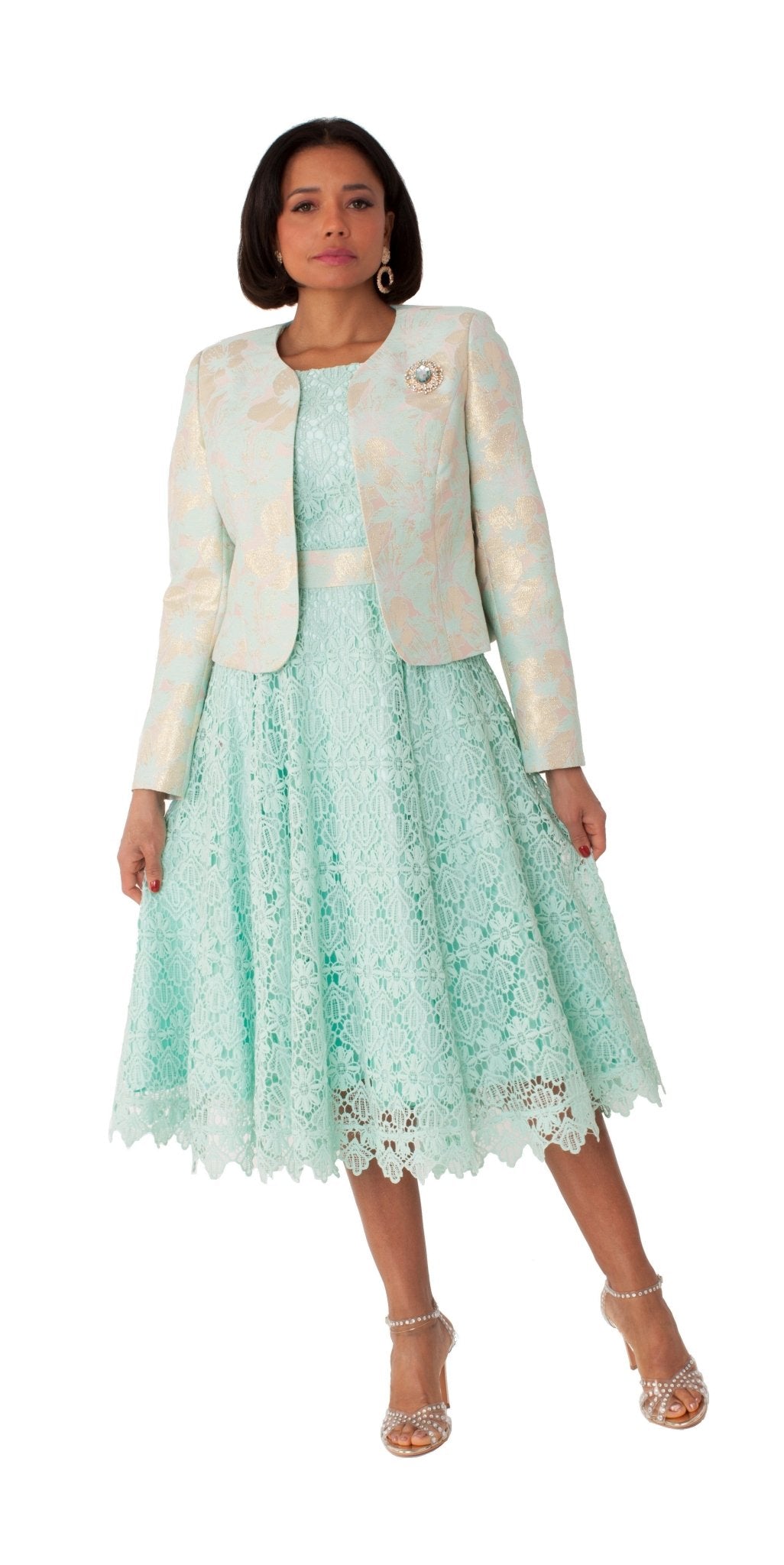 Elegant Woven Jacket & Lace Dress Set BLACK/GOLD / 20