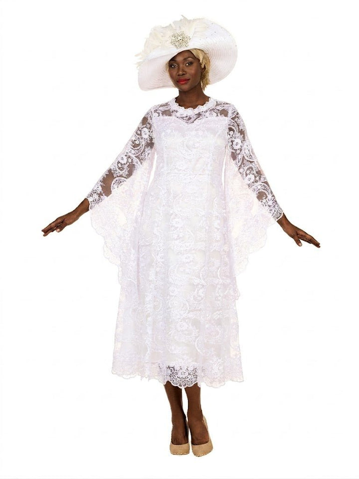 White Lace A-Line Dress w/ Draped Sheer Slvs-Plus