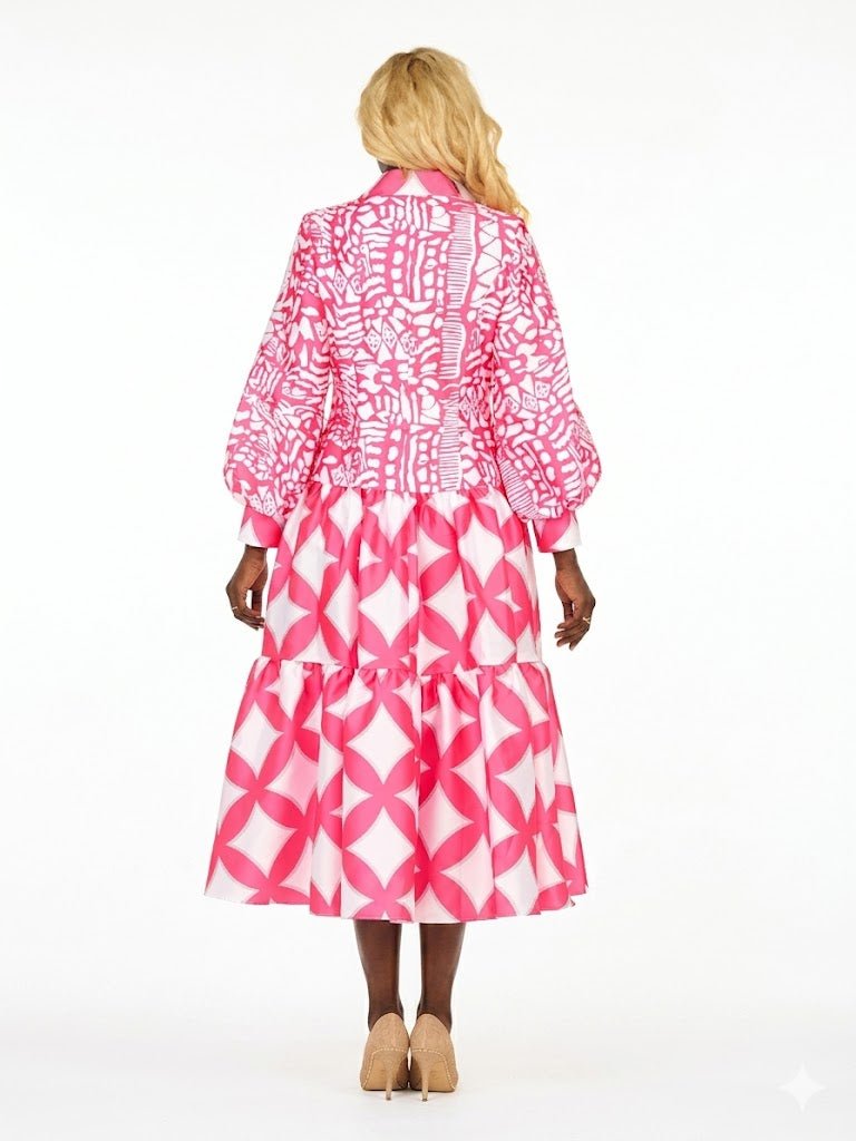 Bold Print Tiered Button - Front Midi Dress w/ Belt - Especially Yours