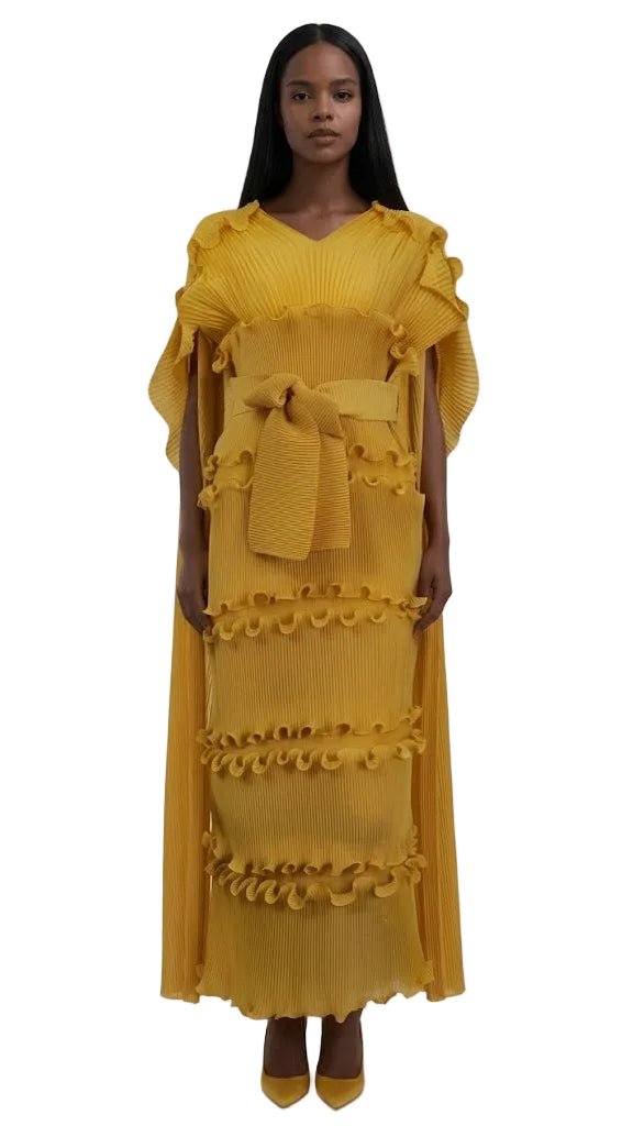 Ruffled Pleated Maxi Dress with Scarf - 82947 - Especially Yours