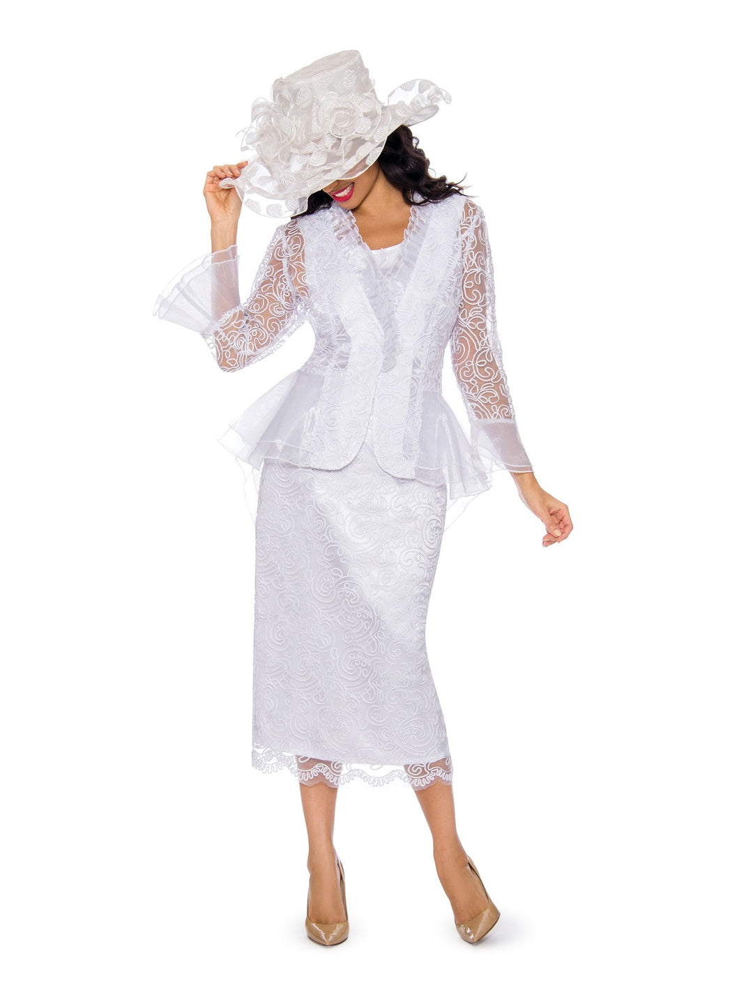 3pc Lace Suit w/ Ruffled Neckline & Organza Trim - Especially Yours