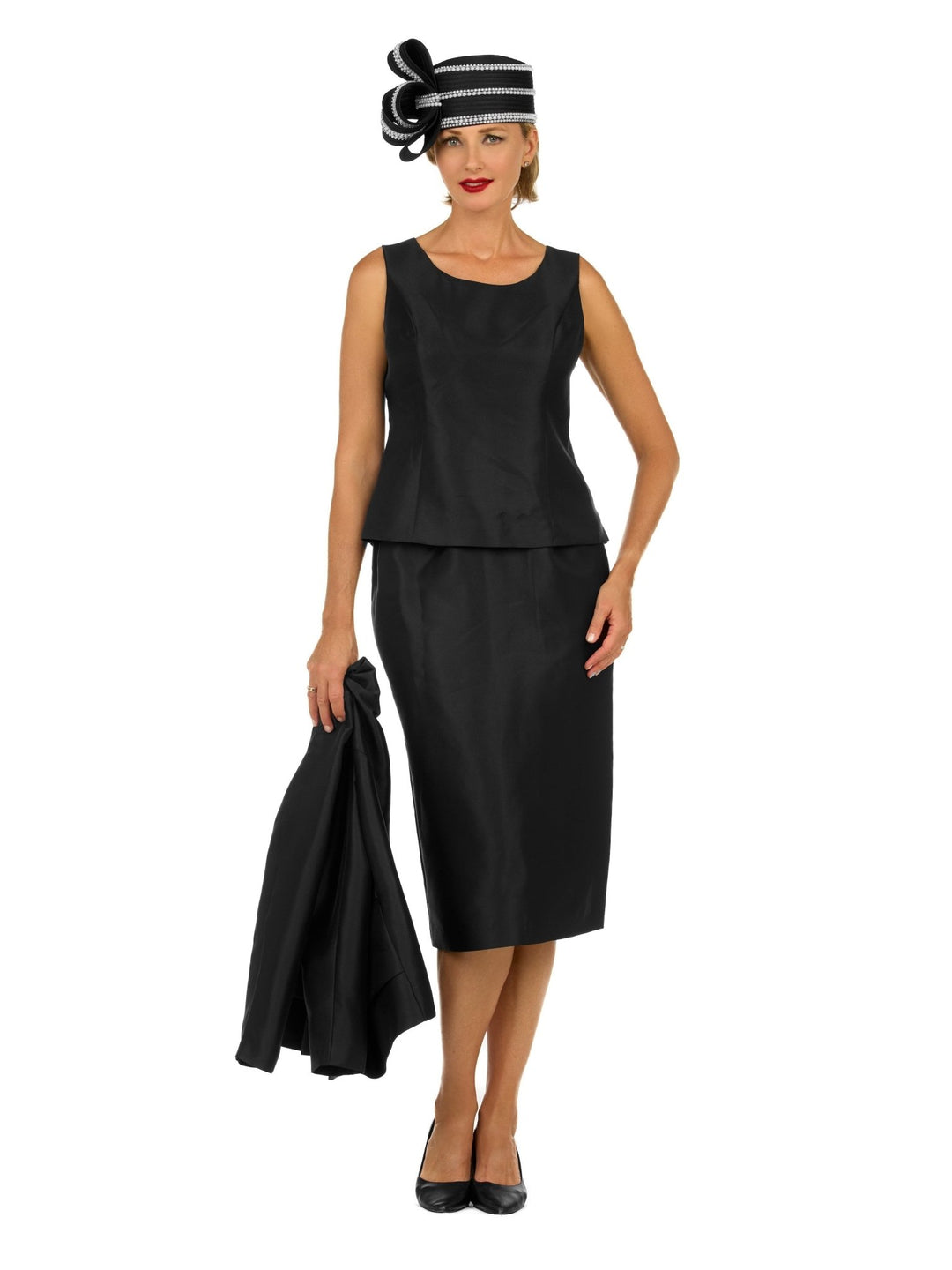 3pc Silky Twill Collarless Peplum Jkt Skt Suit