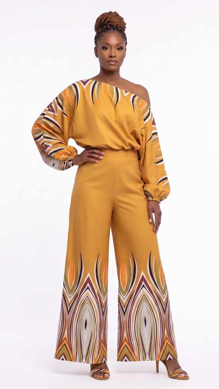 Off-Shoulder Border Print Pantset in Mustard Multi tribal border print by Studio EY, one-shoulder top with wide-leg pants