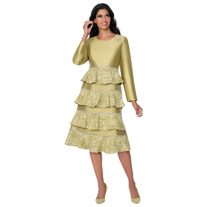 Silky Twill Dress with Tiered Jacquard Ruffles and Rhinestone Brooch 100661