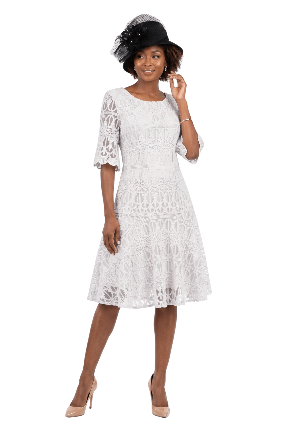 Giovanna Women's Embroidery Luxurious Lace Pleated Flare Dress, White, 24 W