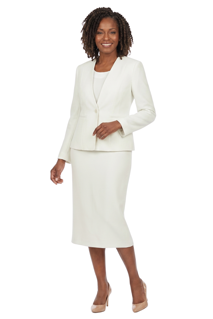 3pc Collarless Clean Lines Detailed Skirt Suit - Plus Size