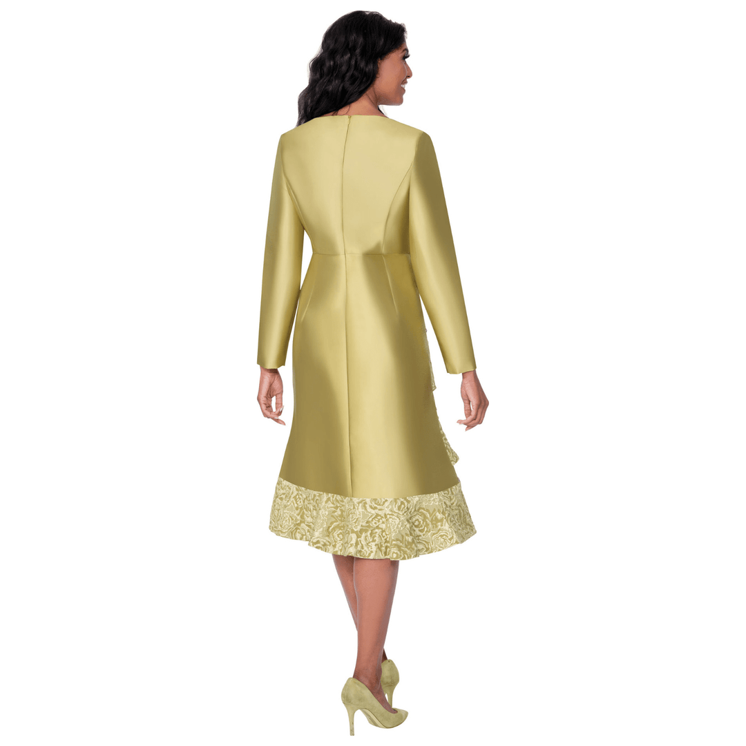 Silky Twill Dress with Tiered Jacquard Ruffles and Rhinestone Brooch 100661 - Especially Yours