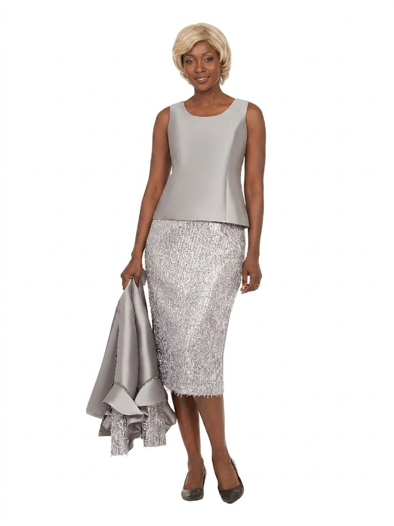 3pc Ruffle-Cuff Jkt, Cami&Fringe Pencil Skirt Suit