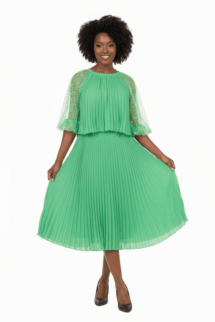 Pleated Chiffon Midi Dress w/ Shimmer Mesh Sleeves - Especially Yours