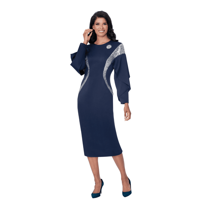 Light Scuba Fabric Dress with Sequin Trim and Rhinestone Brooch SL600771