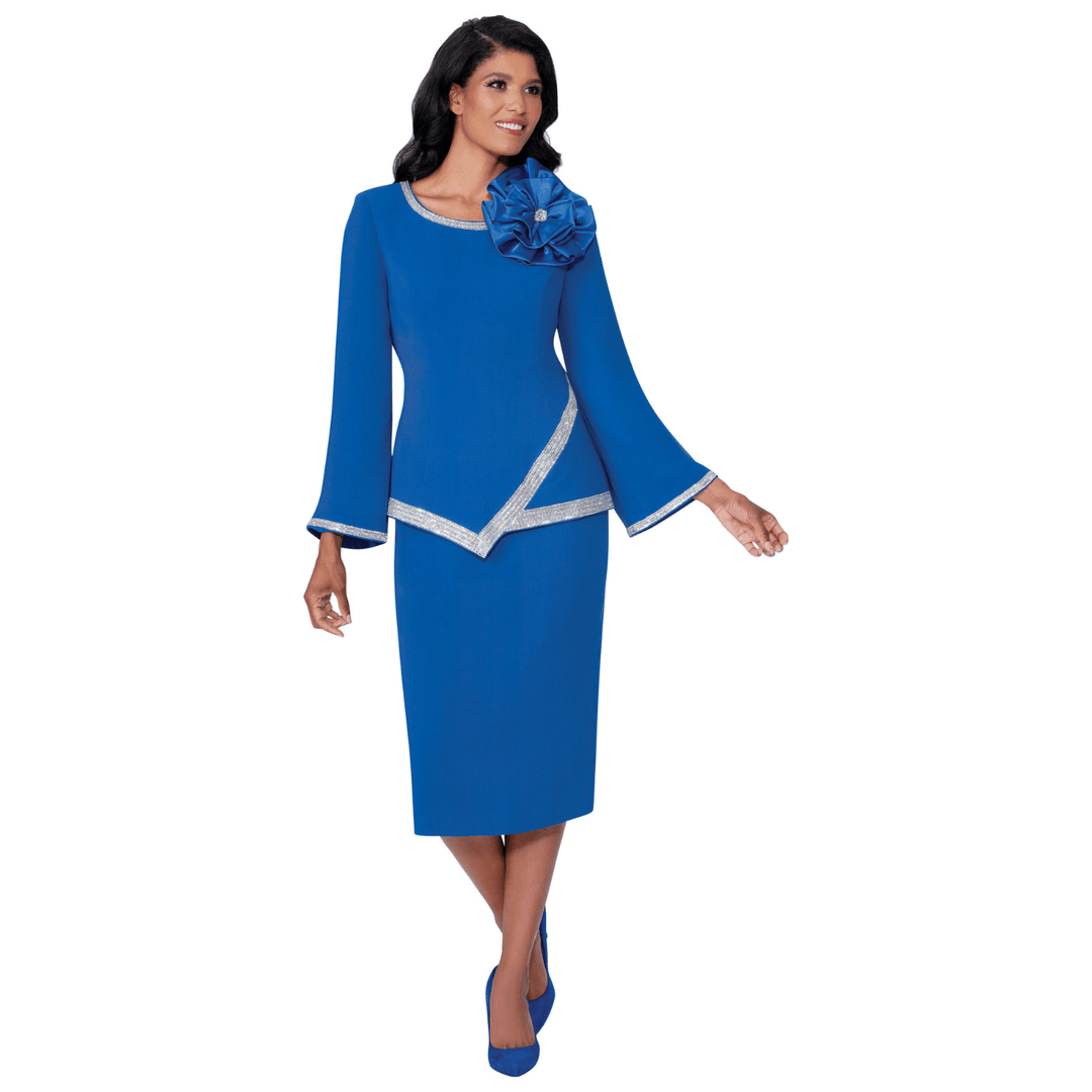 Crepe Dress with Rhinestone Trim, Bell Sleeves and Large Flower Brooch SL600661 - Especially Yours