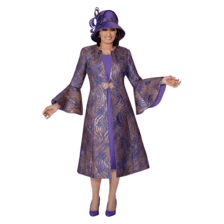 Swirl Pattern Duster Jacket Set with Solid Dress, Flares Sleeves and Rhinestone Clasp DCC309902 - Especially Yours