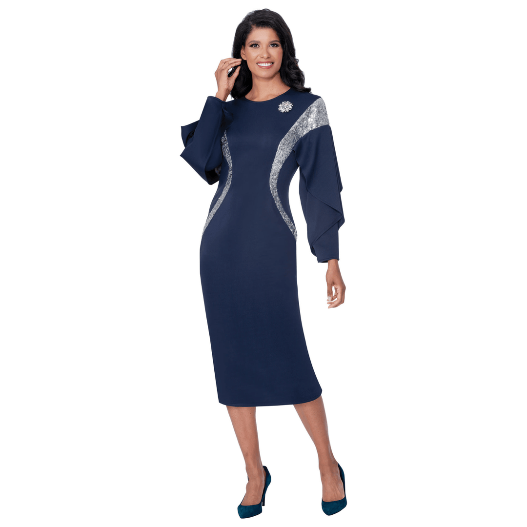 Light Scuba Fabric Dress with Sequin Trim and Rhinestone Brooch SL600771