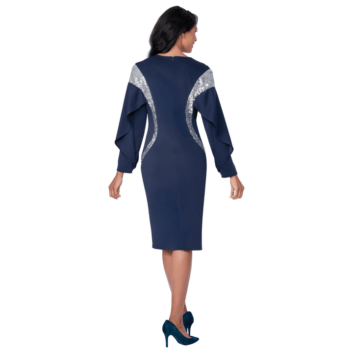 Light Scuba Fabric Dress with Sequin Trim and Rhinestone Brooch SL600771