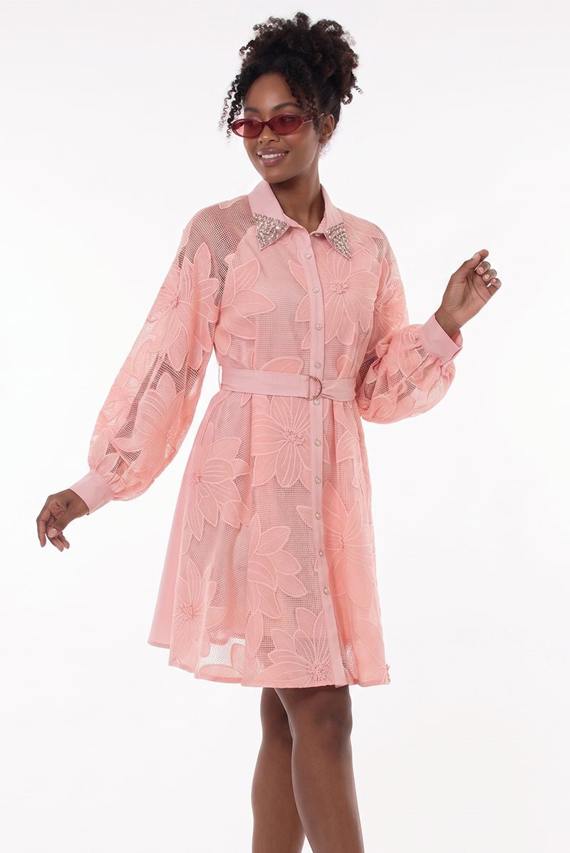 Floral Mesh Belted Shirt Dress by Love The Queen - Especially Yours