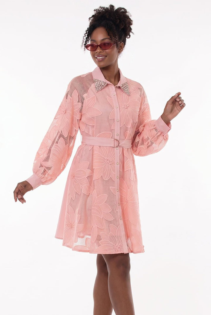 Floral Mesh Belted Shirt Dress by Love The Queen - Especially Yours