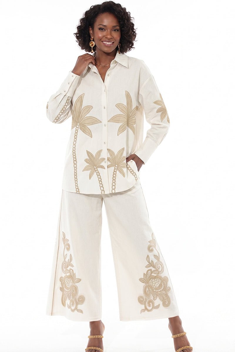 Palm Embroidered Wide Leg Pant Set by Love The Queen - Especially Yours