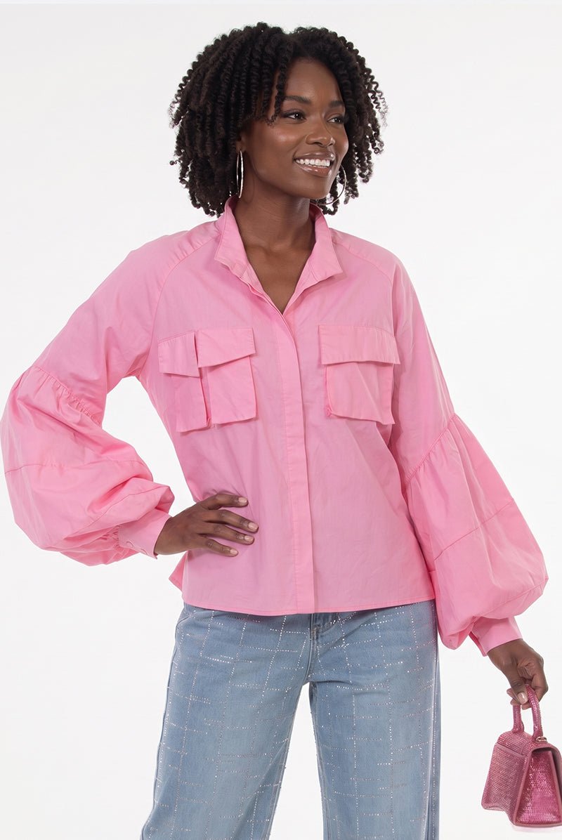 Balloon Sleeve Utility Button Down Top by Love The Queen - Especially Yours